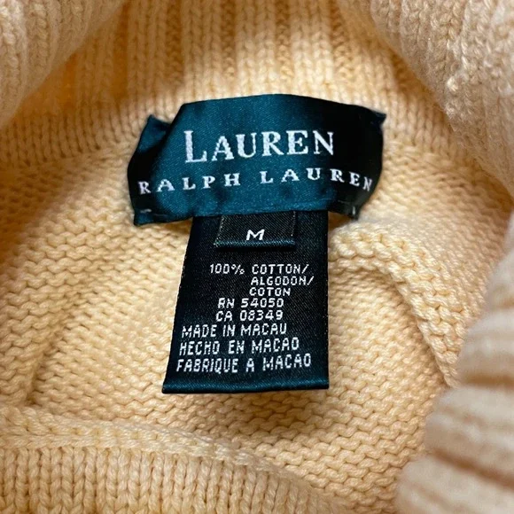 Lauren Ralph Lauren Turtleneck Sweater Women's M Yellow Ribbed Cotton Logo - Picture 6 of 13